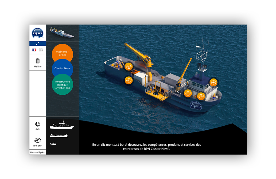 Le bateau de travail 3D permet de sélectionner différente vue 360°