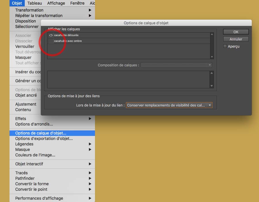 option de calque d'objet indesign